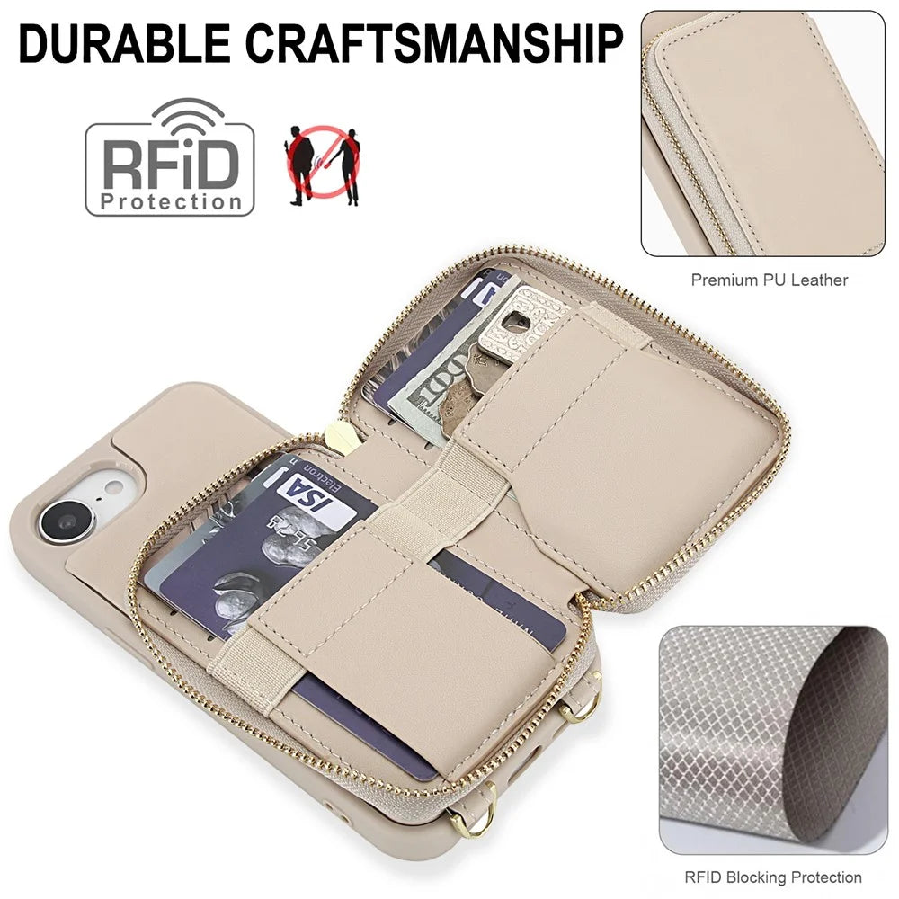 For iPhone 17e / 16e Case RFID Blocking Zipper Wallet Leather + TPU iPhone Cover with Shoulder Strap - Apricot - 4