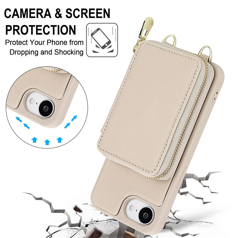 For iPhone 17e / 16e Case RFID Blocking Zipper Wallet Leather + TPU iPhone Cover with Shoulder Strap - Apricot - 6