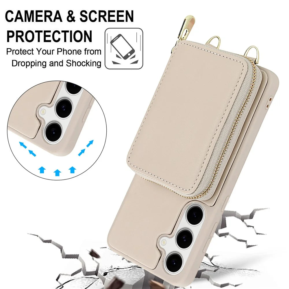 For Samsung Galaxy S25 / S24 Case RFID Blocking Zipper Wallet Leather + TPU Phone Cover with Shoulder Strap - Apricot - 6