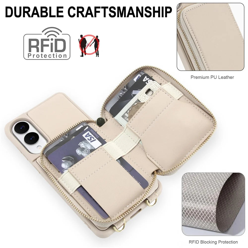 For Samsung Galaxy S25 Edge Case RFID Blocking Zipper Wallet Leather + TPU Phone Cover with Shoulder Strap - Apricot - 4