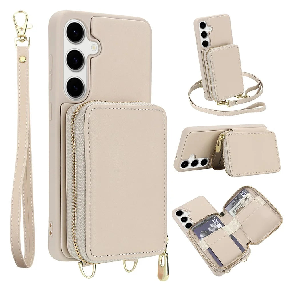 For Samsung Galaxy A35 5G Case RFID Blocking Zipper Wallet Leather + TPU Phone Cover with Shoulder Strap - Apricot - 1
