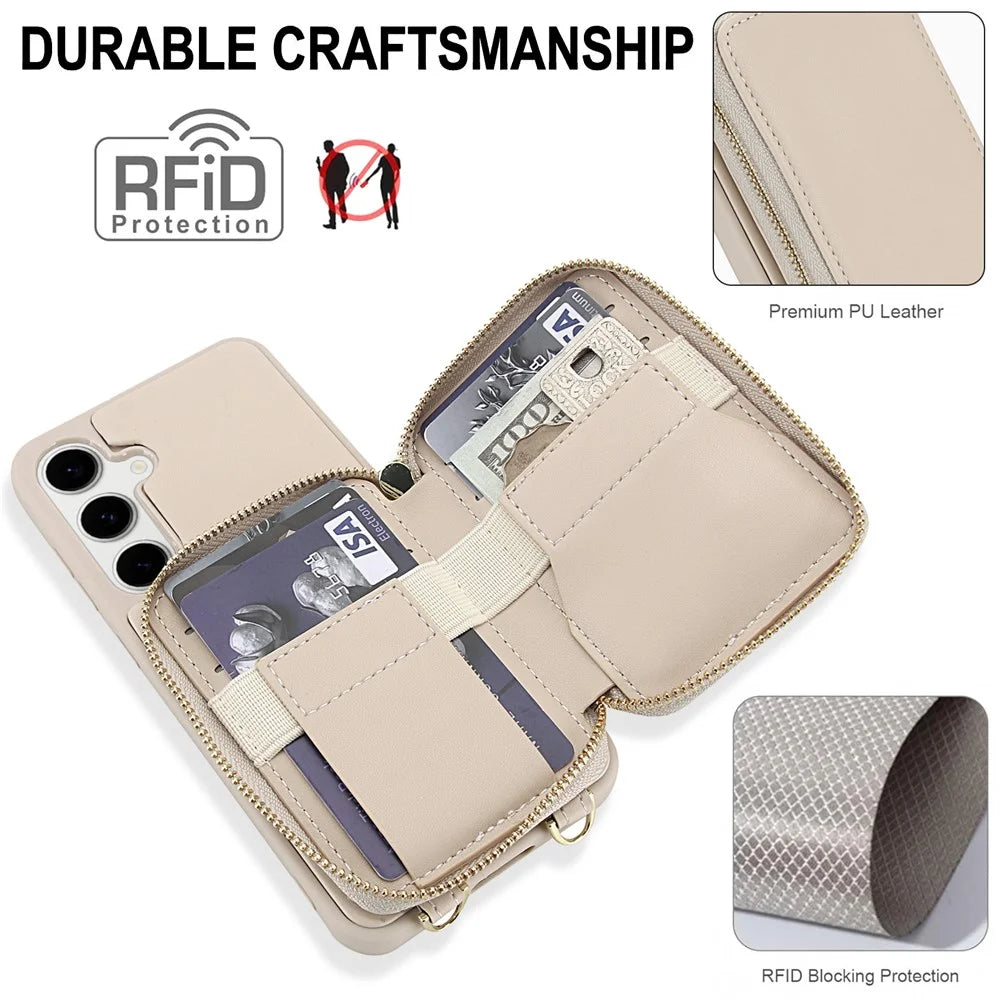 For Samsung Galaxy A55 5G Case RFID Blocking Zipper Wallet Leather + TPU Phone Cover with Shoulder Strap - Apricot - 4