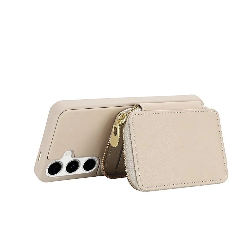 For Samsung Galaxy S25 FE Case RFID Blocking Zipper Wallet Leather + TPU Phone Cover with Shoulder Strap - Apricot - 2