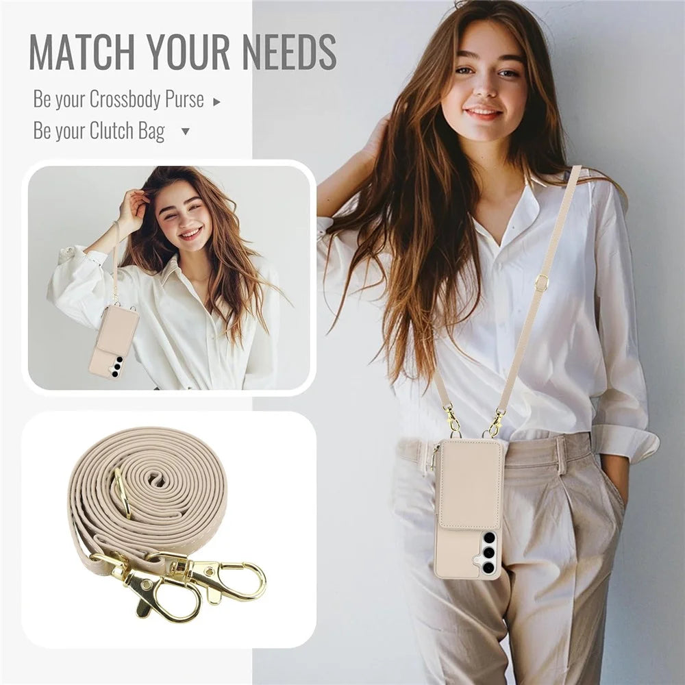 For Samsung Galaxy S25 FE Case RFID Blocking Zipper Wallet Leather + TPU Phone Cover with Shoulder Strap - Apricot - 5