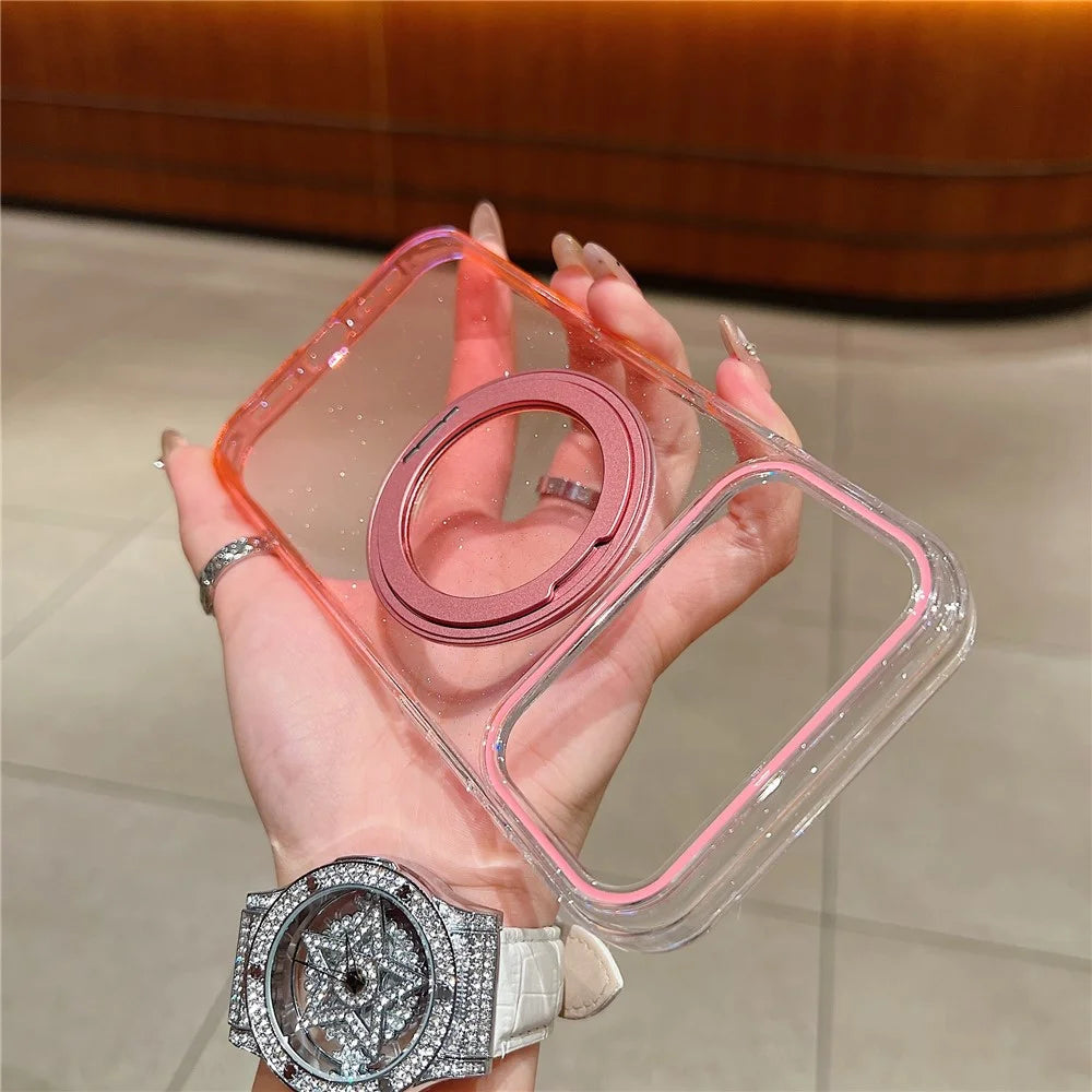 For iPhone 18 Pro Max / 17 Pro Max Magnetic Case 360 Rotating Ring Kickstand Gradient Clear TPU Phone Back Cover - Pink - 2