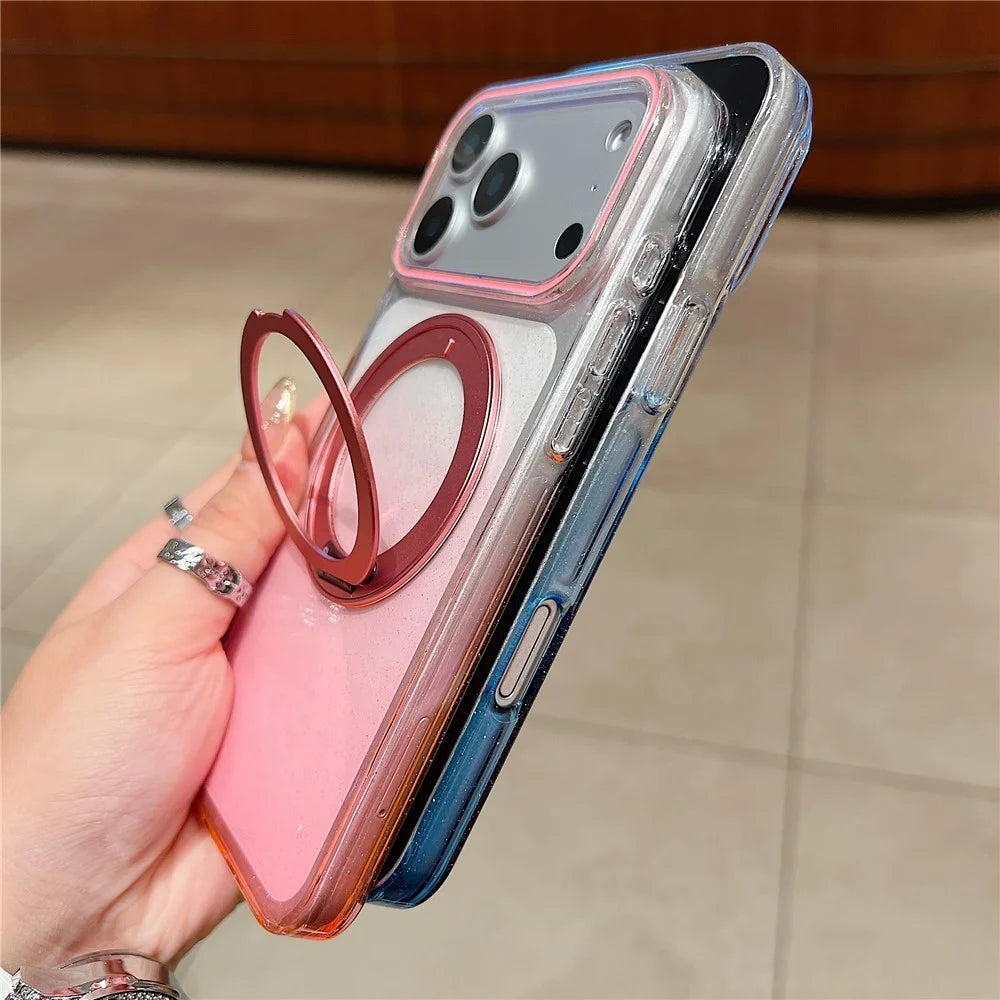 For iPhone 18 Pro Max / 17 Pro Max Magnetic Case 360 Rotating Ring Kickstand Gradient Clear TPU Phone Back Cover - Pink - 5