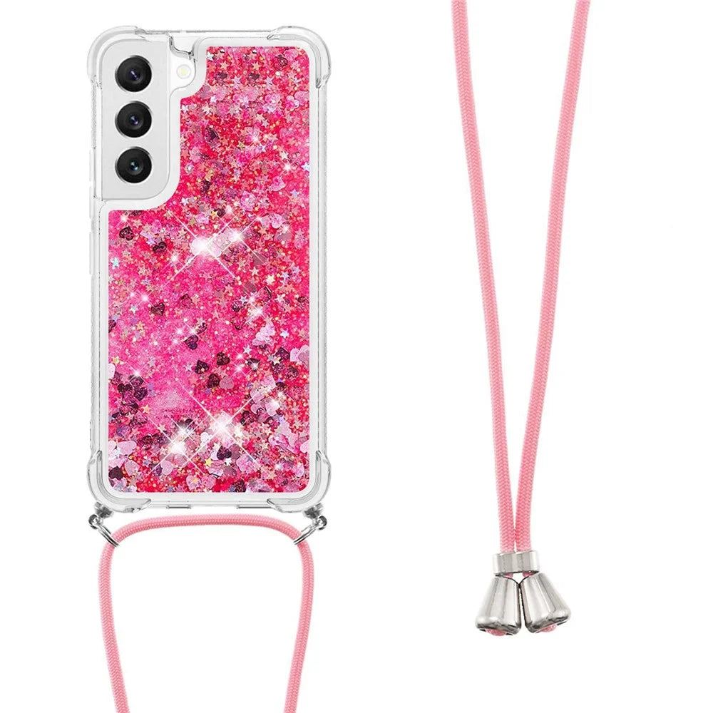 For Samsung Galaxy S23 TPU Case Quicksand Design Phone Cover with Lanyard - Pink  /  Hearts - 2