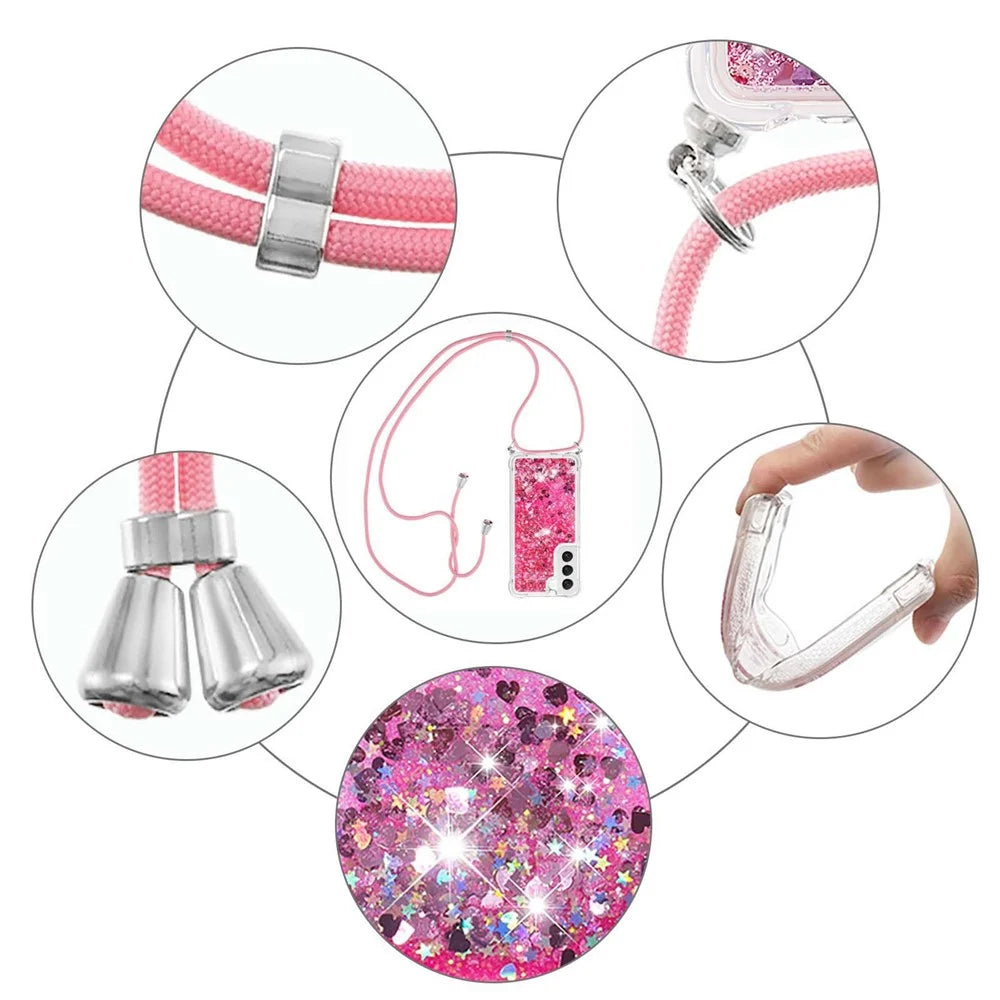 For Samsung Galaxy S23 TPU Case Quicksand Design Phone Cover with Lanyard - Pink  /  Hearts - 4
