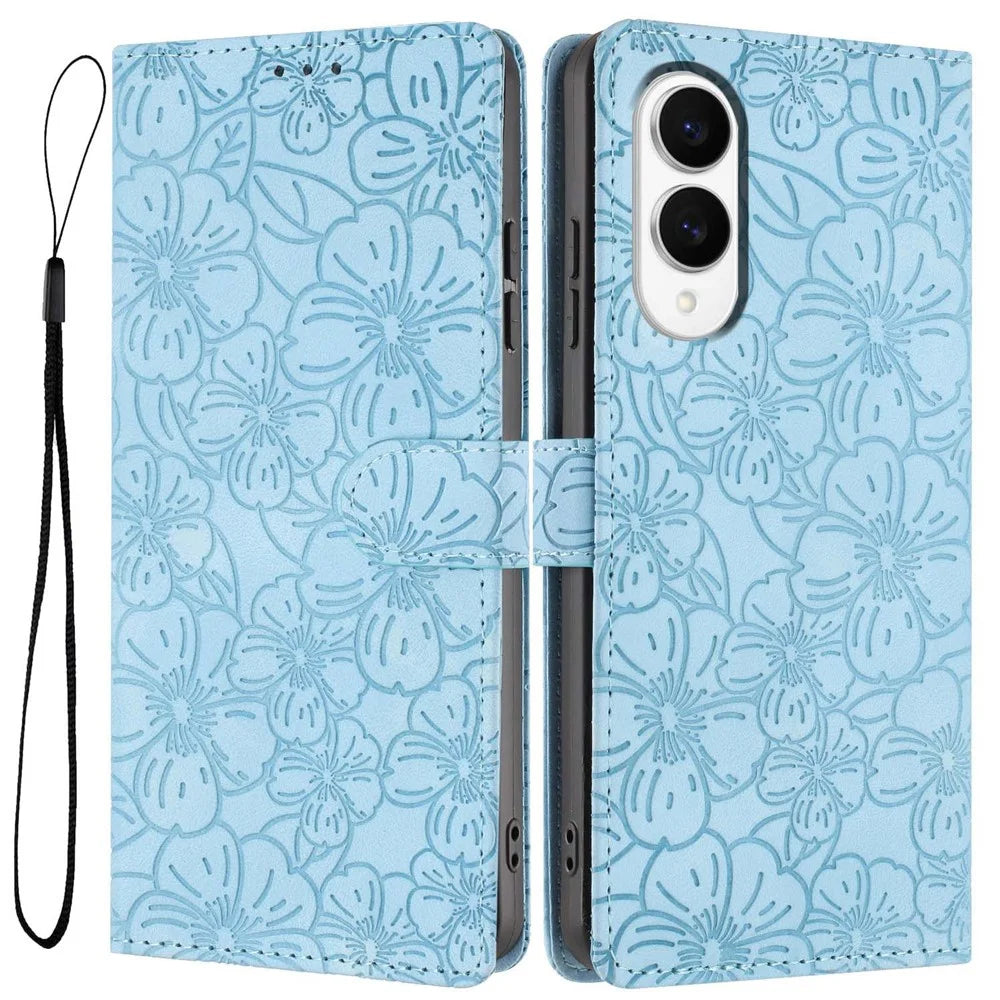 For Samsung Galaxy S25 Edge Flip Case Cherry Blossom Pattern Leather Wallet Stand Phone Cover with Wrist Strap - Sky Blue - 1