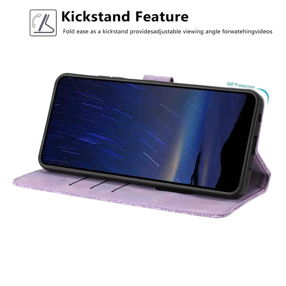 For Samsung Galaxy S24 Case Cherry Blossom Pattern Leather Wallet Stand Phone Cover with Wrist Strap - Purple - 3
