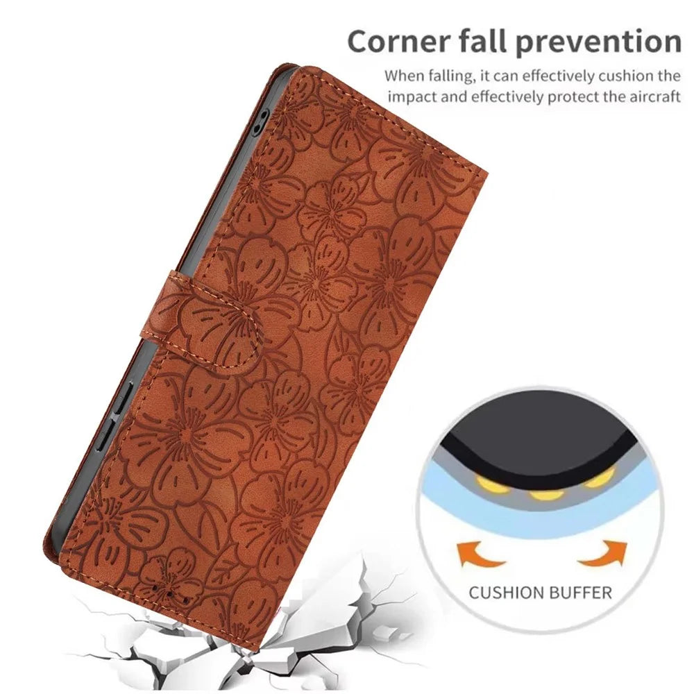 For Samsung Galaxy A56 5G Flip Case Cherry Blossom Pattern Leather Wallet Stand Phone Cover with Wrist Strap - Brown - 7