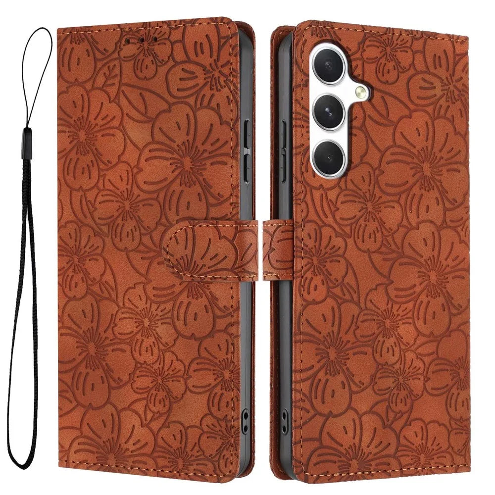 For Samsung Galaxy A25 5G (Global) (161mm) Flip Case Cherry Blossom Pattern Leather Wallet Stand Phone Cover with Wrist Strap - Brown - 1