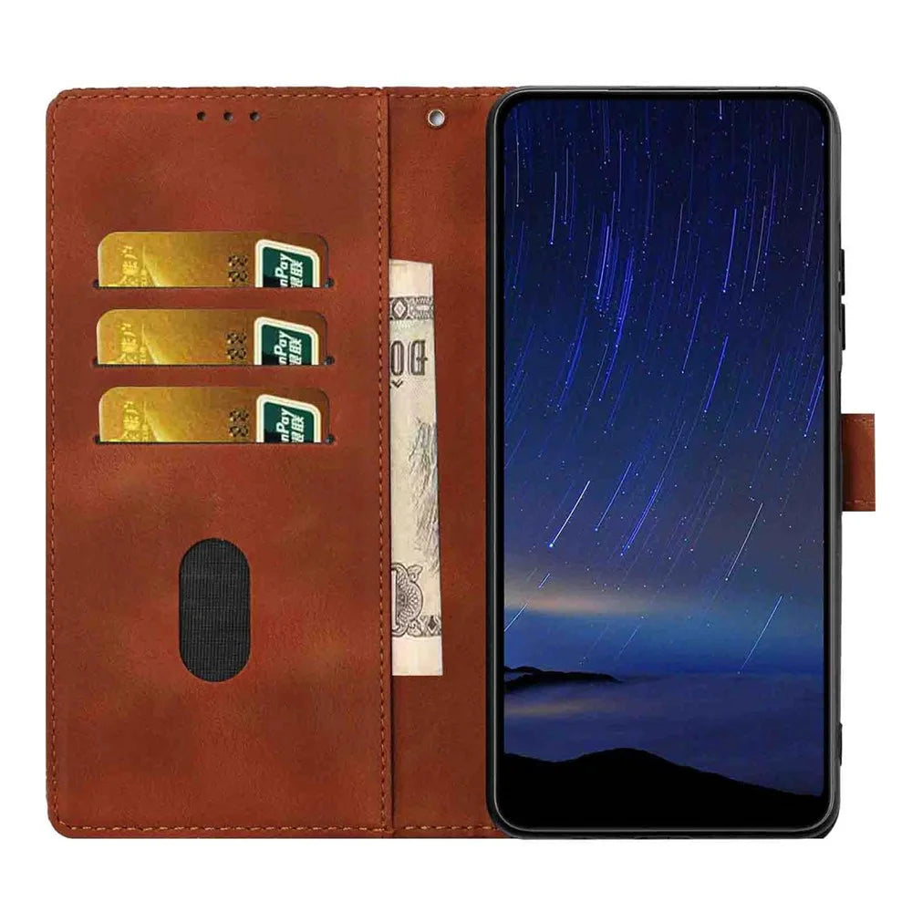 For Samsung Galaxy A25 5G (Global) (161mm) Flip Case Cherry Blossom Pattern Leather Wallet Stand Phone Cover with Wrist Strap - Brown - 2