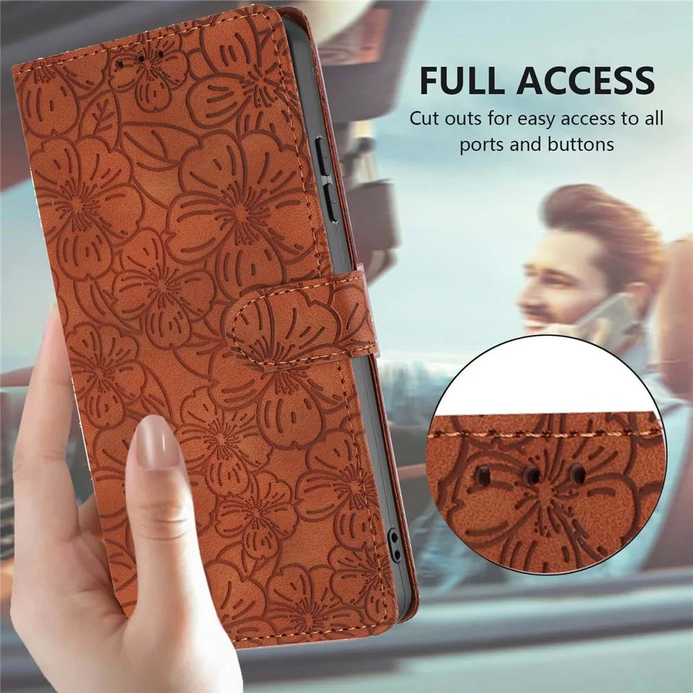 For Samsung Galaxy A25 5G (Global) (161mm) Flip Case Cherry Blossom Pattern Leather Wallet Stand Phone Cover with Wrist Strap - Brown - 6
