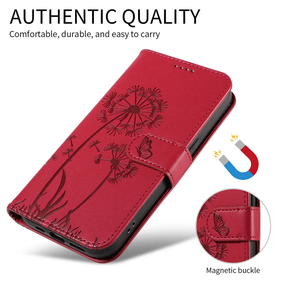 For Realme Narzo 80 Lite 4G / Realme Note 70 4G / Realme Note 70T 4G / Realme C71 4G (India) Leather Wallet Case with Strap Dandelion Imprint Phone Stand Cover - Red - 3