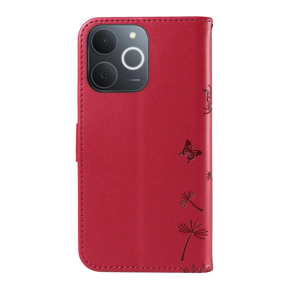 For Realme Narzo 80 Lite 4G / Realme Note 70 4G / Realme Note 70T 4G / Realme C71 4G (India) Leather Wallet Case with Strap Dandelion Imprint Phone Stand Cover - Red - 7
