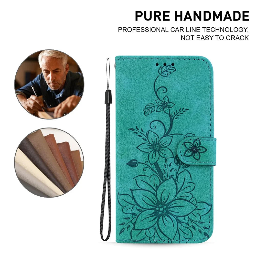 For Realme 15T 5G Stand Case Lily Flower Imprint Leather Phone Cover with Wrist Strap - Green - 5