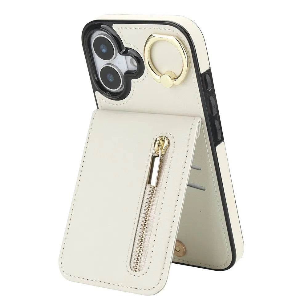 For iPhone 17 Case Zipper RFID Blocking Retro Leather + TPU Phone Cover with Kickstand - White - 1