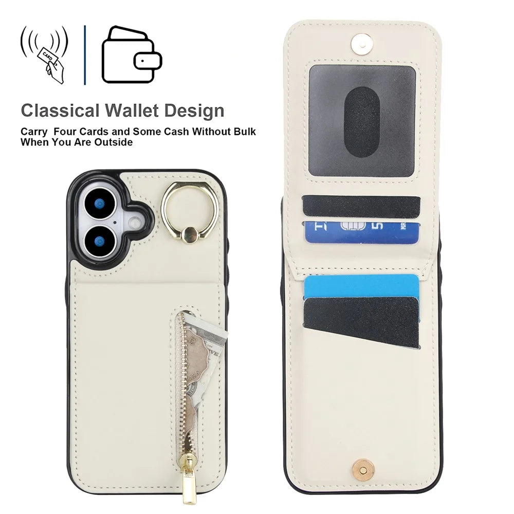 For iPhone 17 Case Zipper RFID Blocking Retro Leather + TPU Phone Cover with Kickstand - White - 5