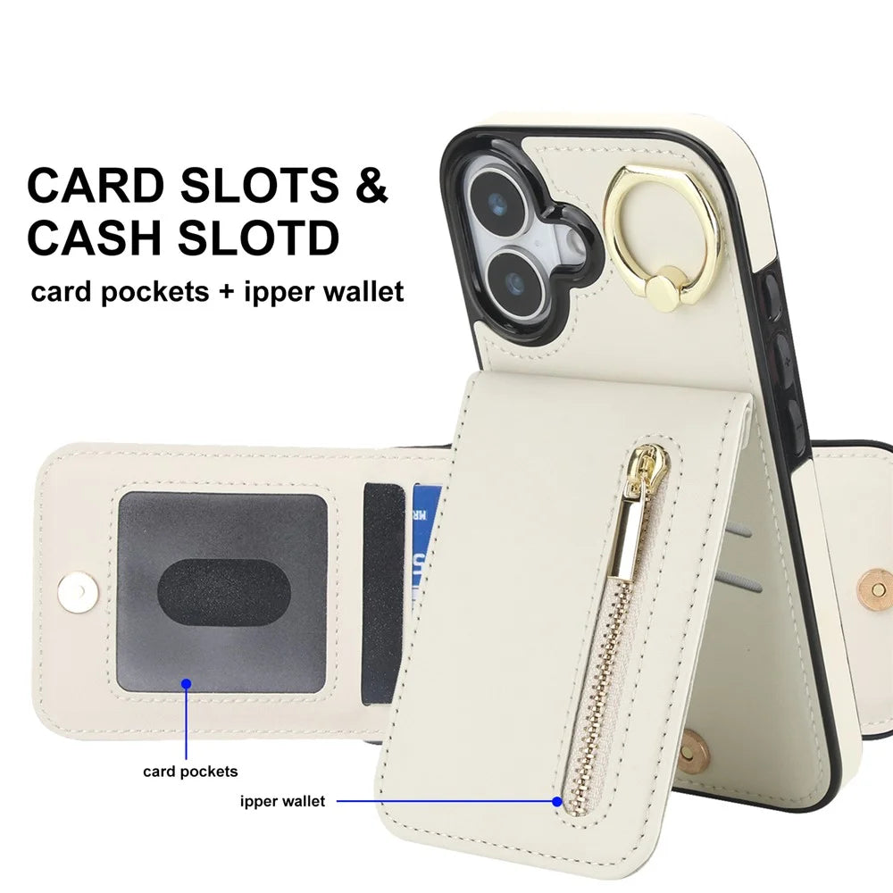 For iPhone 17 Case Zipper RFID Blocking Retro Leather + TPU Phone Cover with Kickstand - White - 6