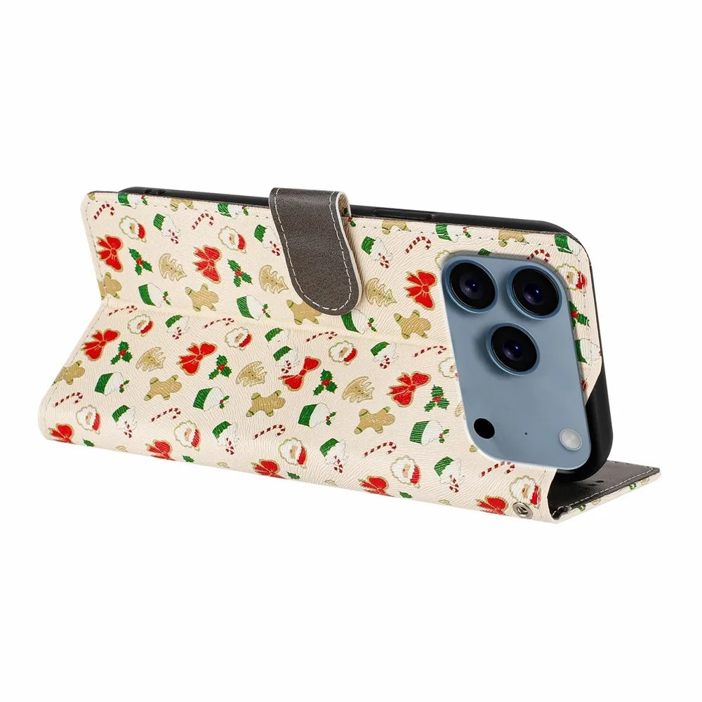 For iPhone 18 Pro Max / 17 Pro Max Case Christmas Themed Pattern Printing PU Leather Wallet Phone Cover with Wrist Strap - Santa Claus - 4