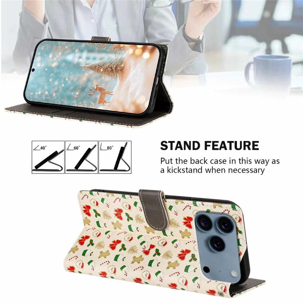 For iPhone 18 Pro Max / 17 Pro Max Case Christmas Themed Pattern Printing PU Leather Wallet Phone Cover with Wrist Strap - Santa Claus - 7