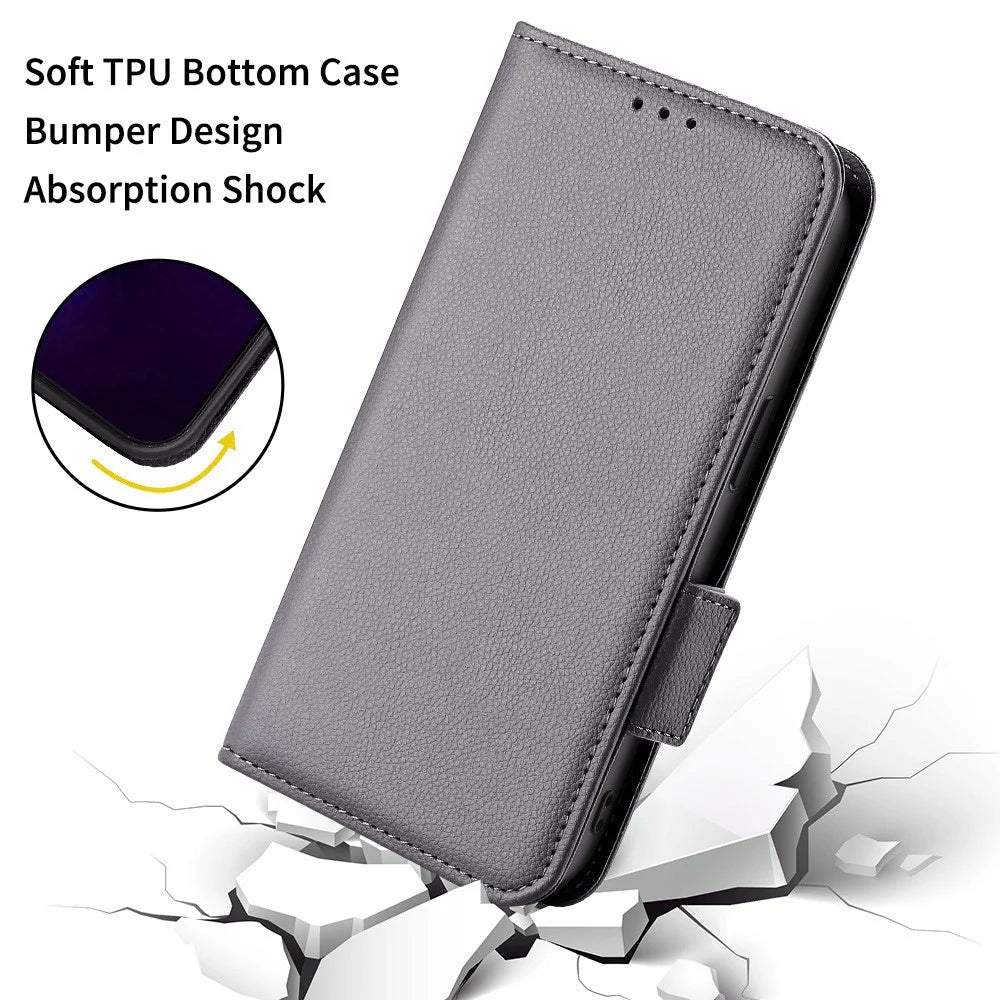 For Samsung Galaxy S26 Case Litchi Texture Wallet Leather Phone Cover with Wrist Strap - Grey - 6