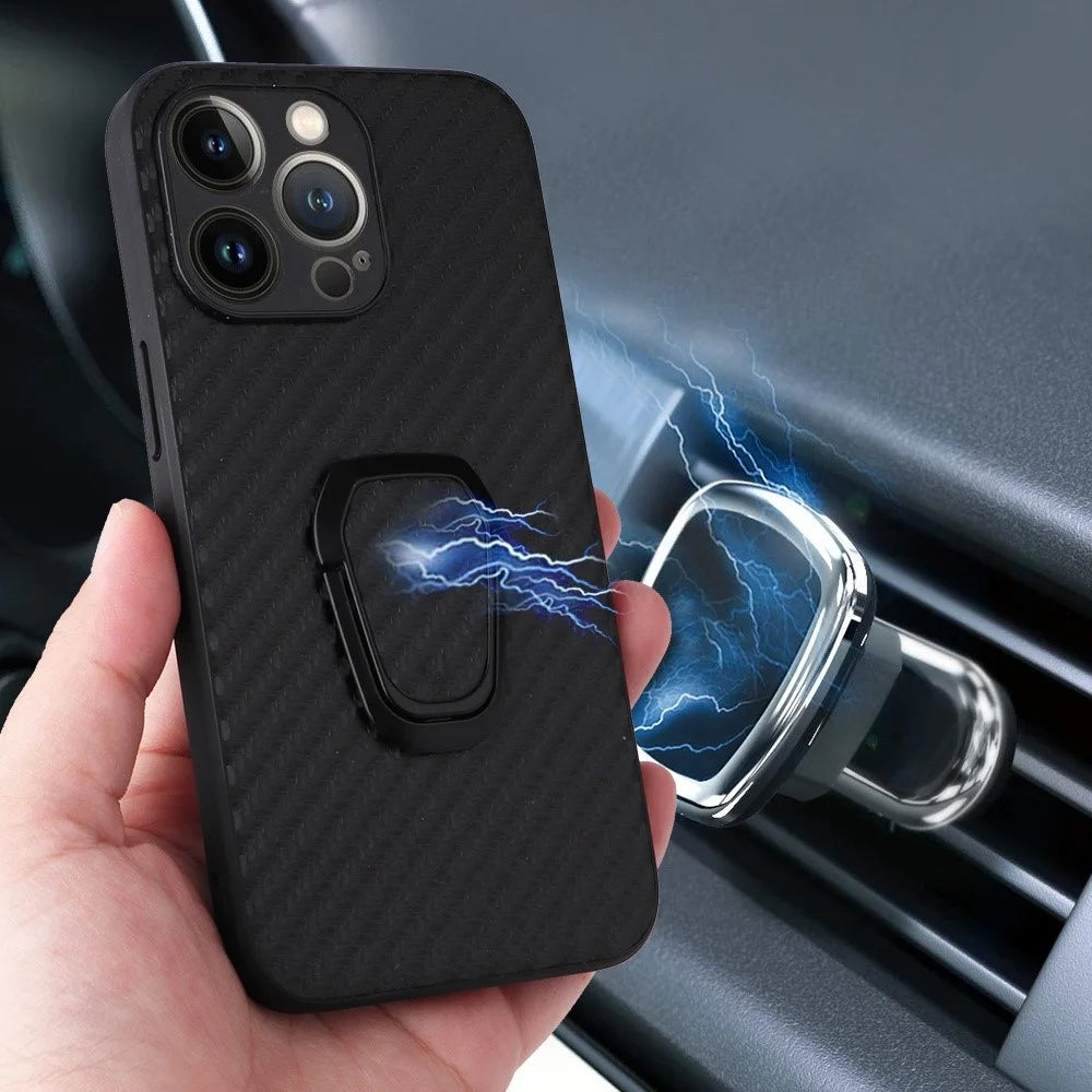 For iPhone 14 Pro Anti-Scratch PU Leather Kickstand Case Hard PC inner Soft TPU Bumper Shockproof Protective Phone Cover - Carbon Fiber Texture - 3