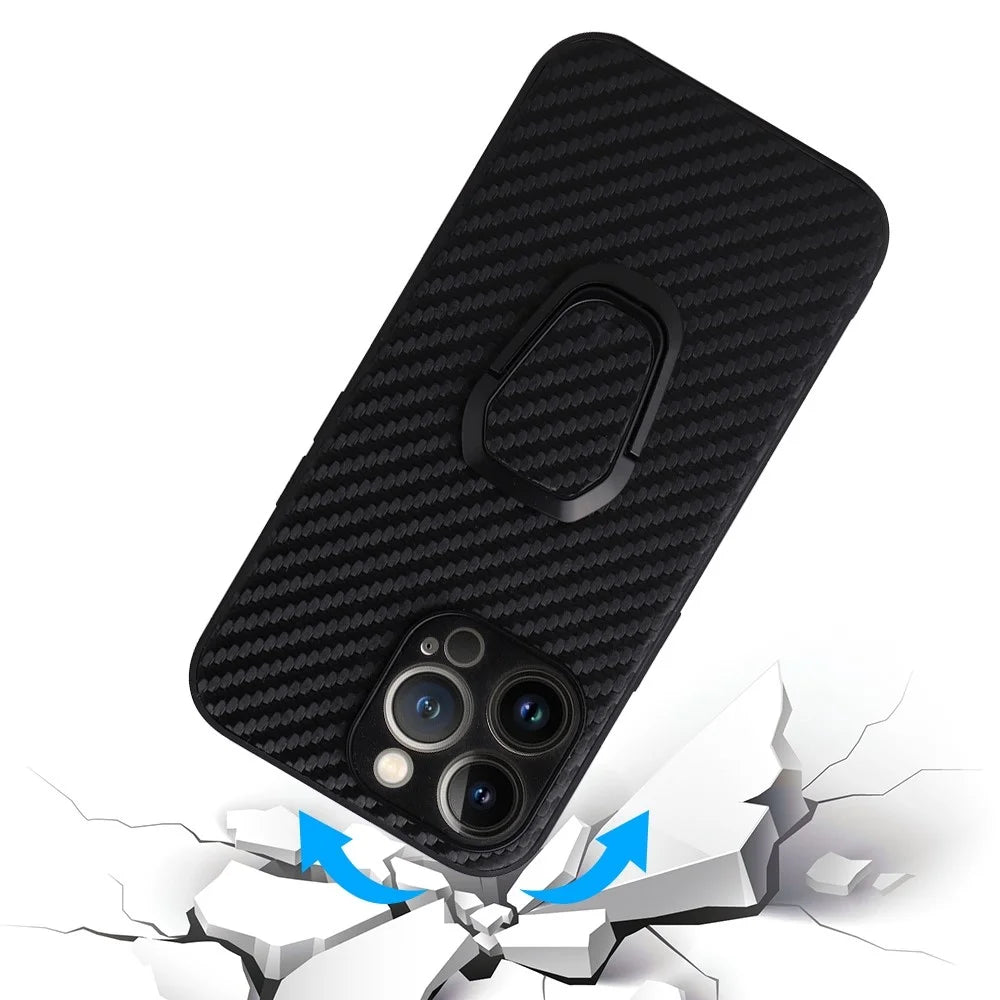 For iPhone 14 Pro Anti-Scratch PU Leather Kickstand Case Hard PC inner Soft TPU Bumper Shockproof Protective Phone Cover - Carbon Fiber Texture - 4