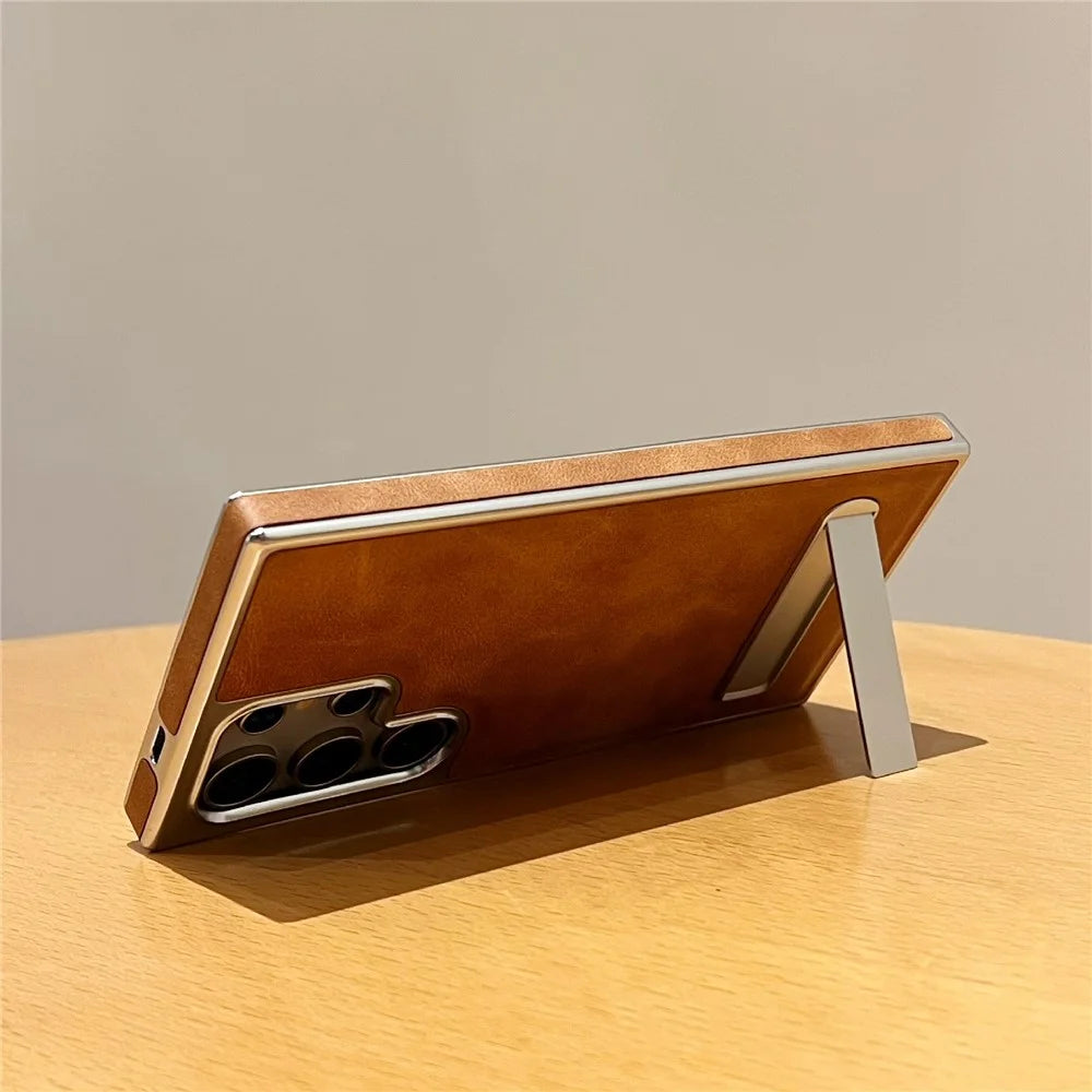 For Samsung Galaxy S25 Ultra Case with Hidden Kickstand Leather + PC + TPU Matte Electroplated Phone Cover - Black - 4