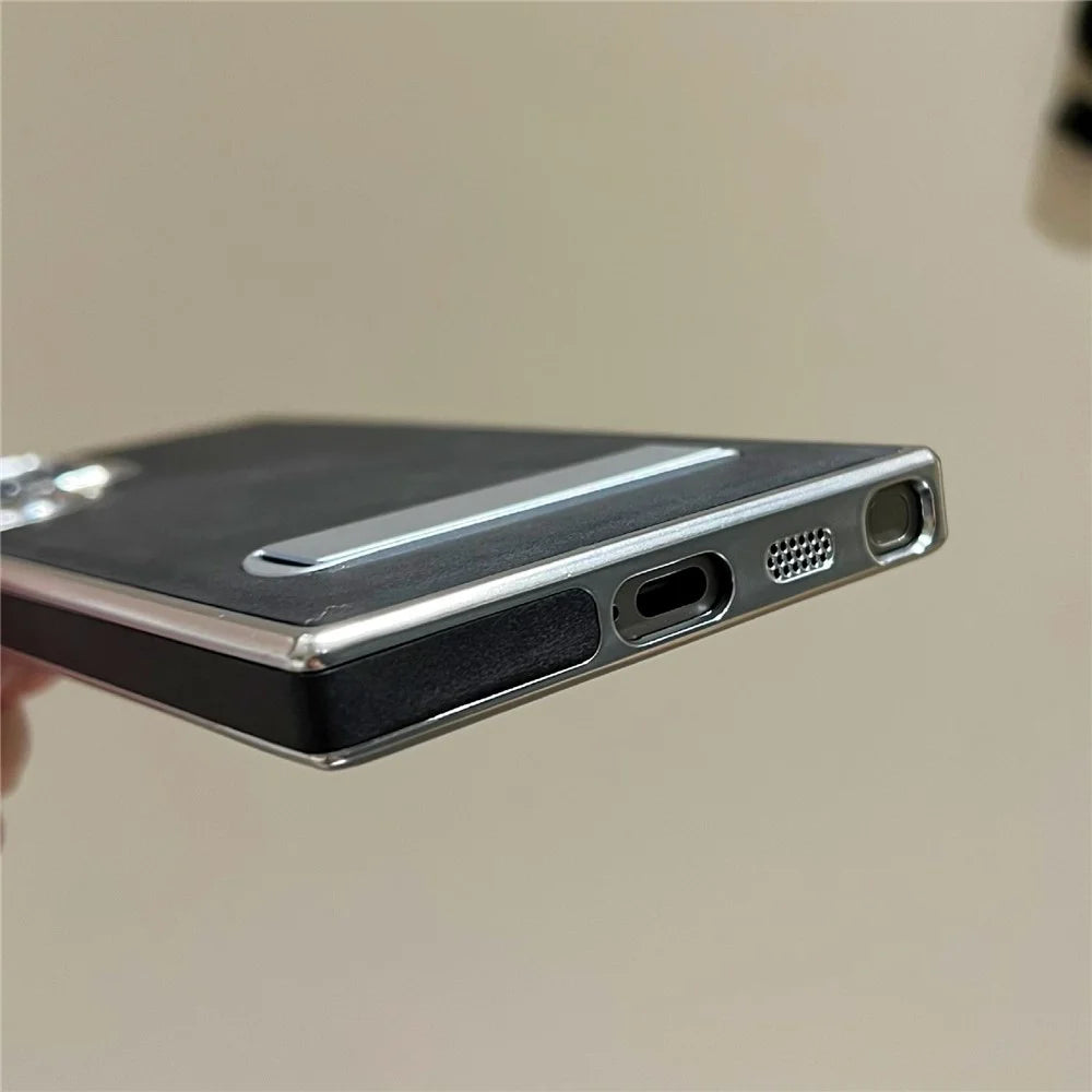 For Samsung Galaxy S24 Ultra Case with Hidden Kickstand Leather + PC + TPU Matte Electroplated Phone Cover - Black - 7