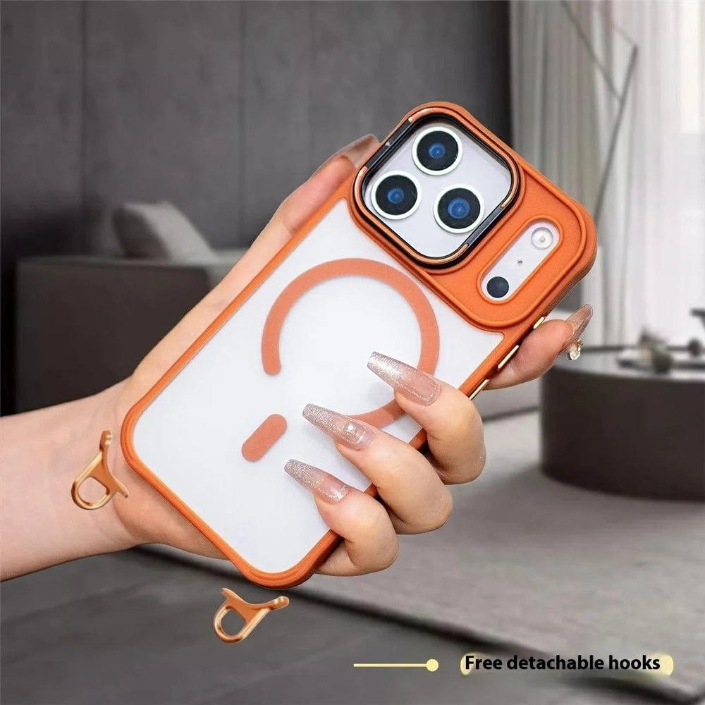 For iPhone 17 Pro Case Compatible with MagSafe PC TPU Phone Cover with Adjustable Lanyard / Camera Frame Kickstand - Orange - 2