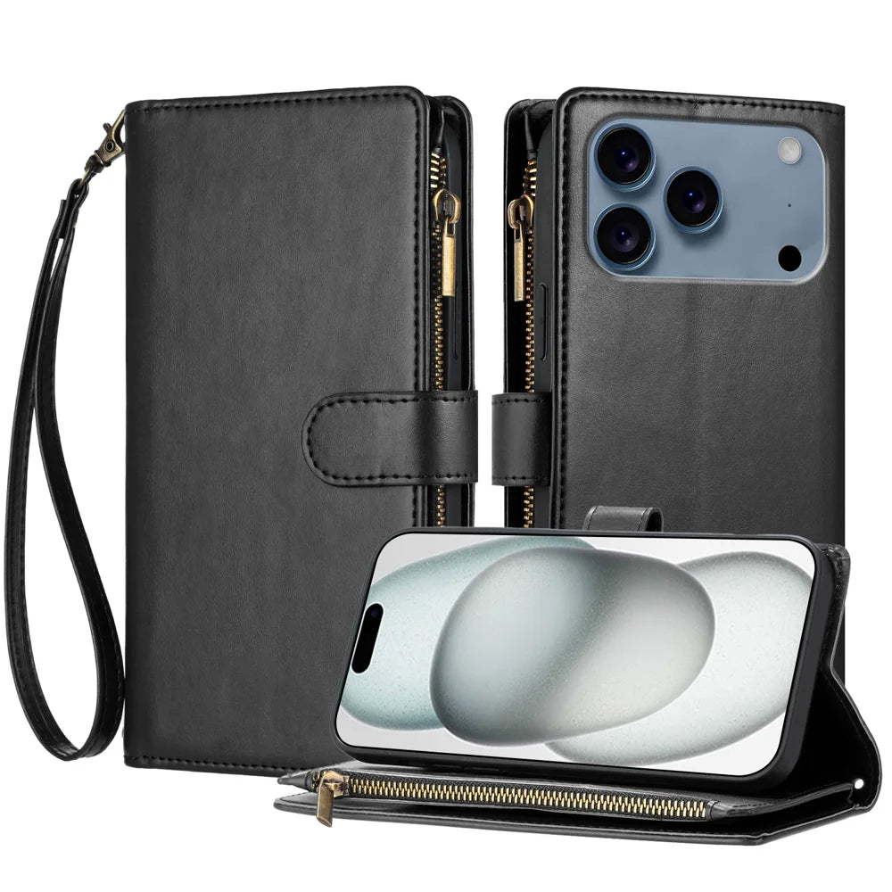 For iPhone 18 Pro Max / 17 Pro Max Leather Case Zipper Wallet Stand Shockproof Phone Cover with Wrist Strap - Black - 1