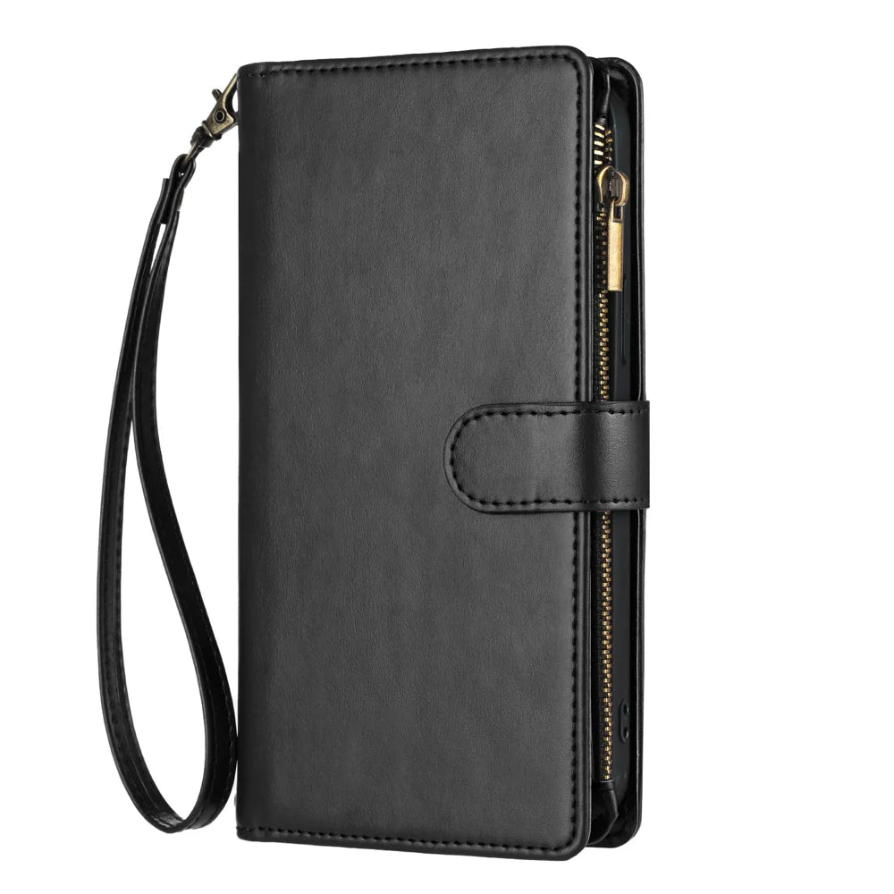 For iPhone 17 Leather Case Zipper Wallet Stand Shockproof Phone Cover with Wrist Strap - Black - 2