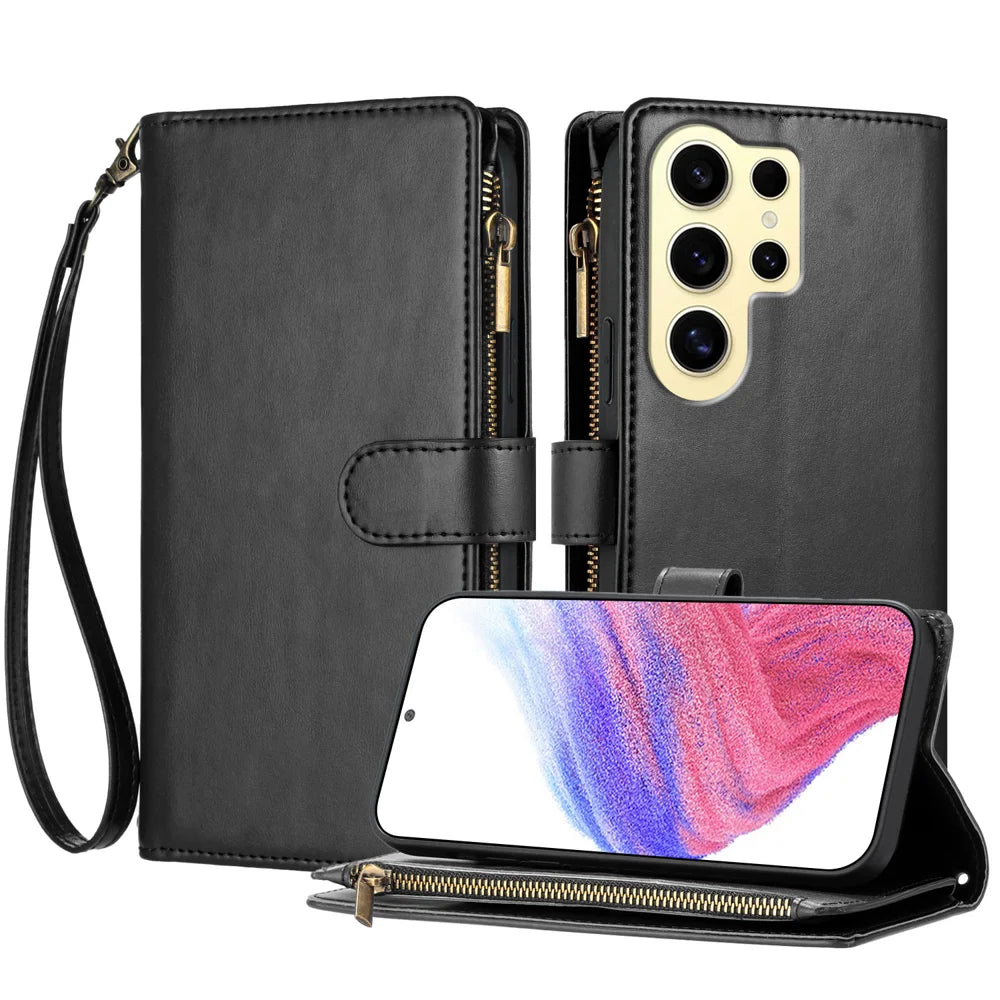 For Samsung Galaxy S24+ / Galaxy S25+ Leather Case Zipper Wallet Stand Shockproof Phone Cover with Wrist Strap - Black - 1