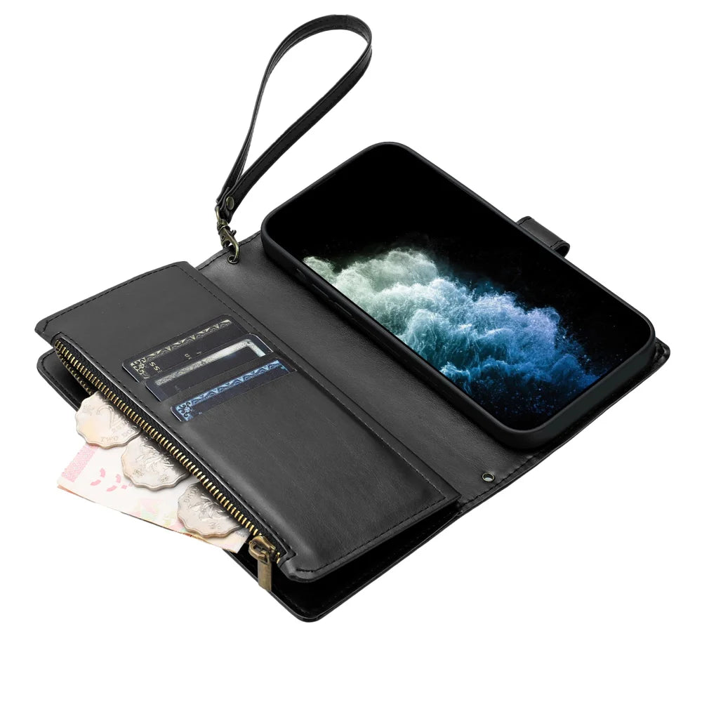 For Samsung Galaxy S24+ / Galaxy S25+ Leather Case Zipper Wallet Stand Shockproof Phone Cover with Wrist Strap - Black - 5