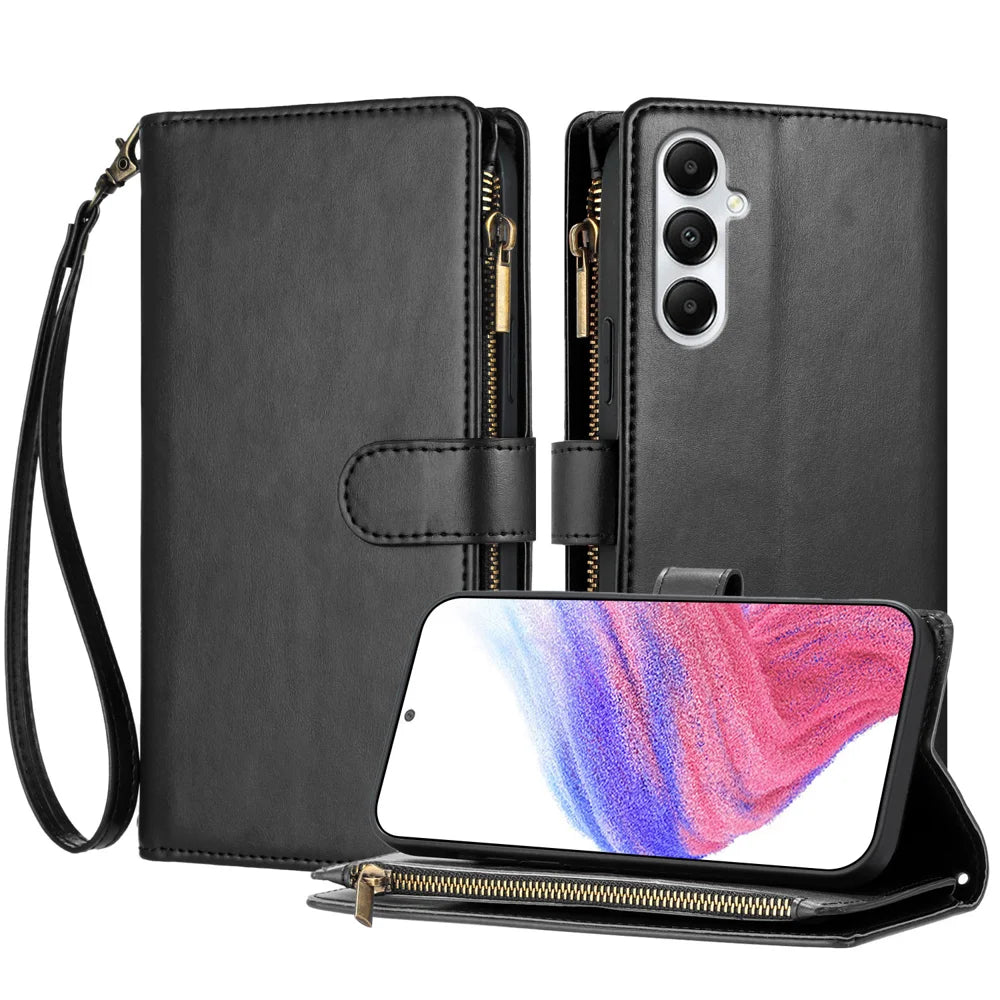 For Samsung Galaxy A05s 4G Leather Case Zipper Wallet Stand Shockproof Phone Cover with Wrist Strap - Black - 1