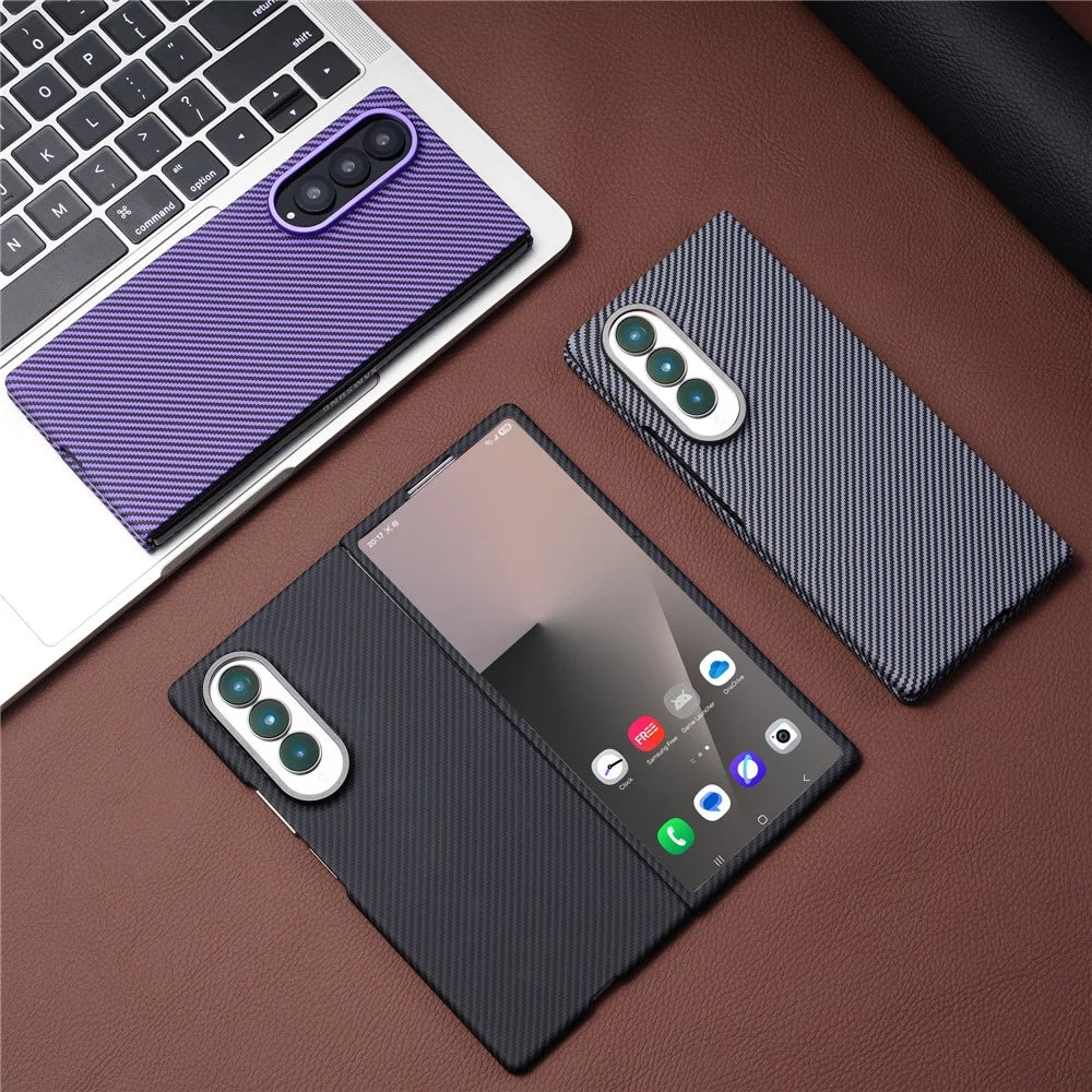 For Samsung Galaxy Z Fold3 5G Magnetic Case Carbon Fiber Texture PC Phone Cover with Tempered Glass Film - Purple - 2