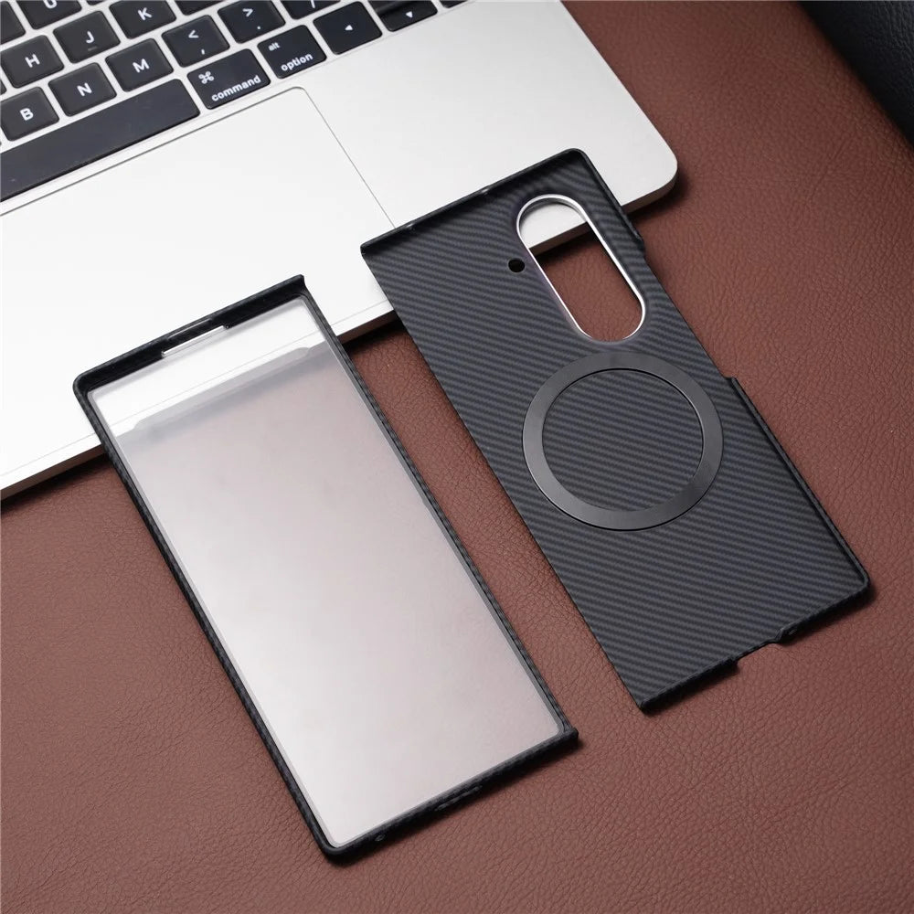 For Samsung Galaxy Z Fold7 5G Magnetic Case Carbon Fiber Texture PC Phone Cover with Tempered Glass Film - Black - 5