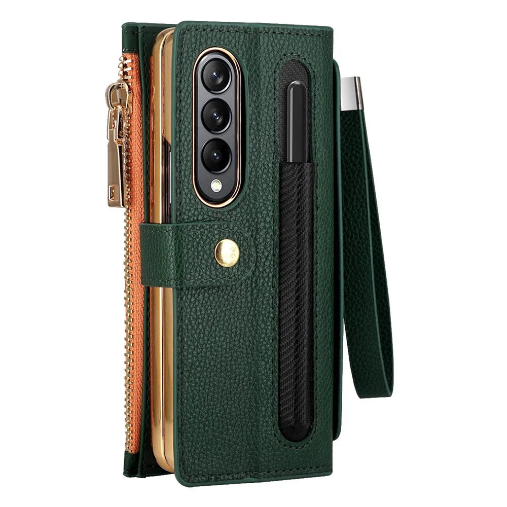 For Samsung Galaxy Z Fold4 5G RFID Blocking PU Leather Zipper Wallet Phone Case Button Closure Stand Cover with Grip Strap and Wrist Strap - Green - 2