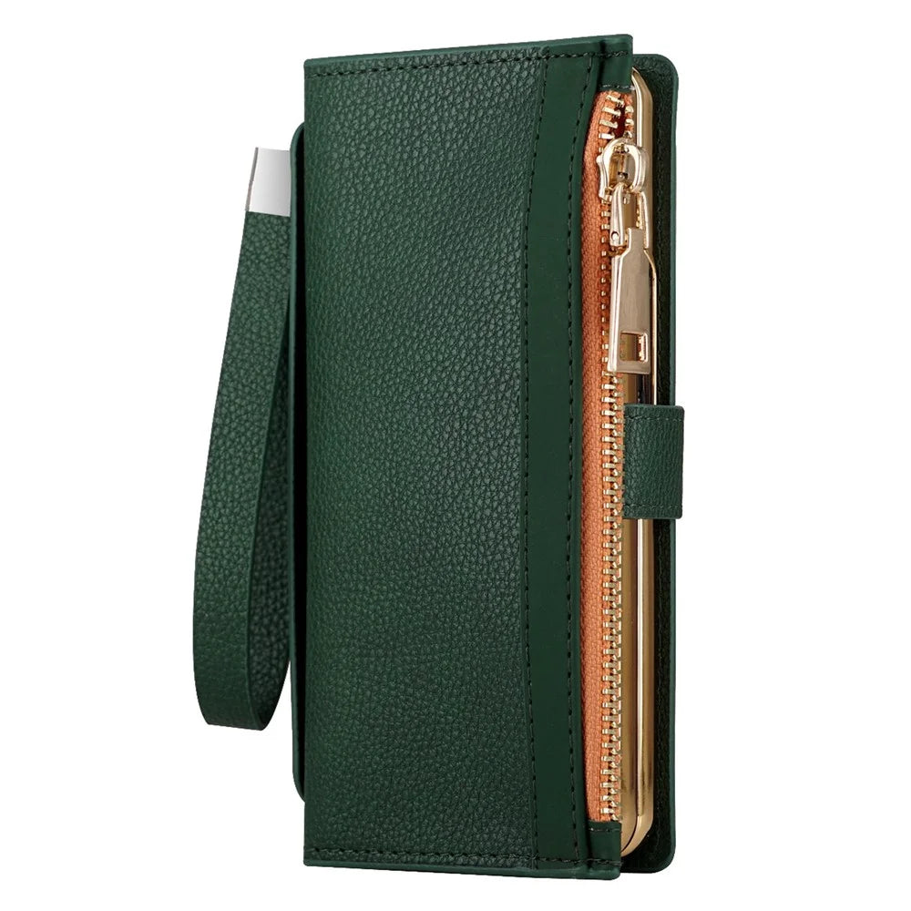 For Samsung Galaxy Z Fold4 5G RFID Blocking PU Leather Zipper Wallet Phone Case Button Closure Stand Cover with Grip Strap and Wrist Strap - Green - 3