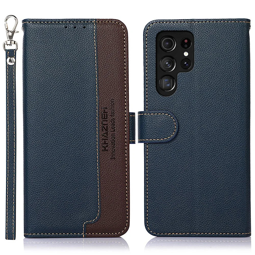 KHAZNEH For Samsung Galaxy S26 Ultra Case RFID Blocking Wallet Litchi Texture PU Leather Phone Cover with Strap - Blue - 1