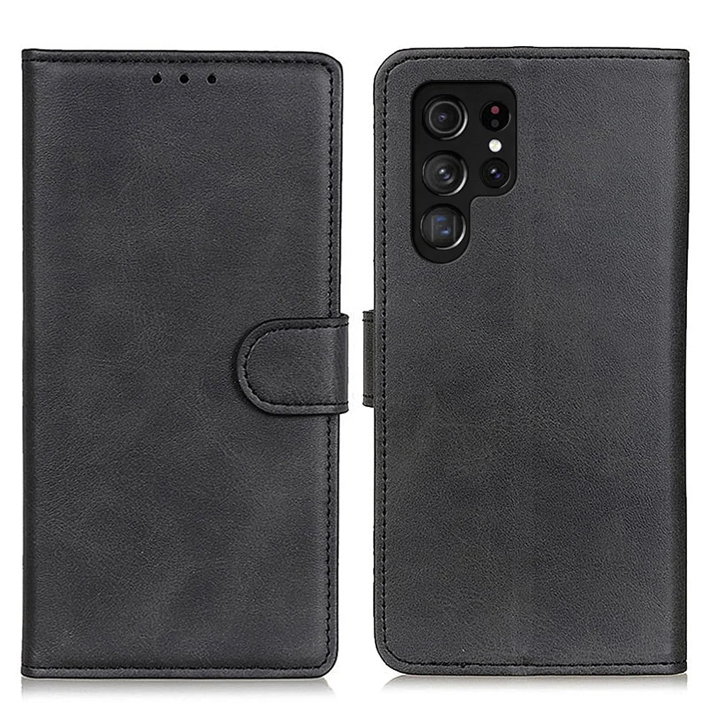For Samsung Galaxy S26 Ultra Case Cowhide Texture Leather Wallet Stand Phone Cover - Black - 1