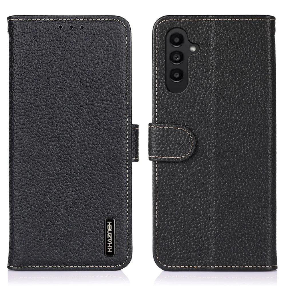 KHAZNEH For Samsung Galaxy S26 Case Genuine Cow Leather Flip Phone Cover - Black - 1