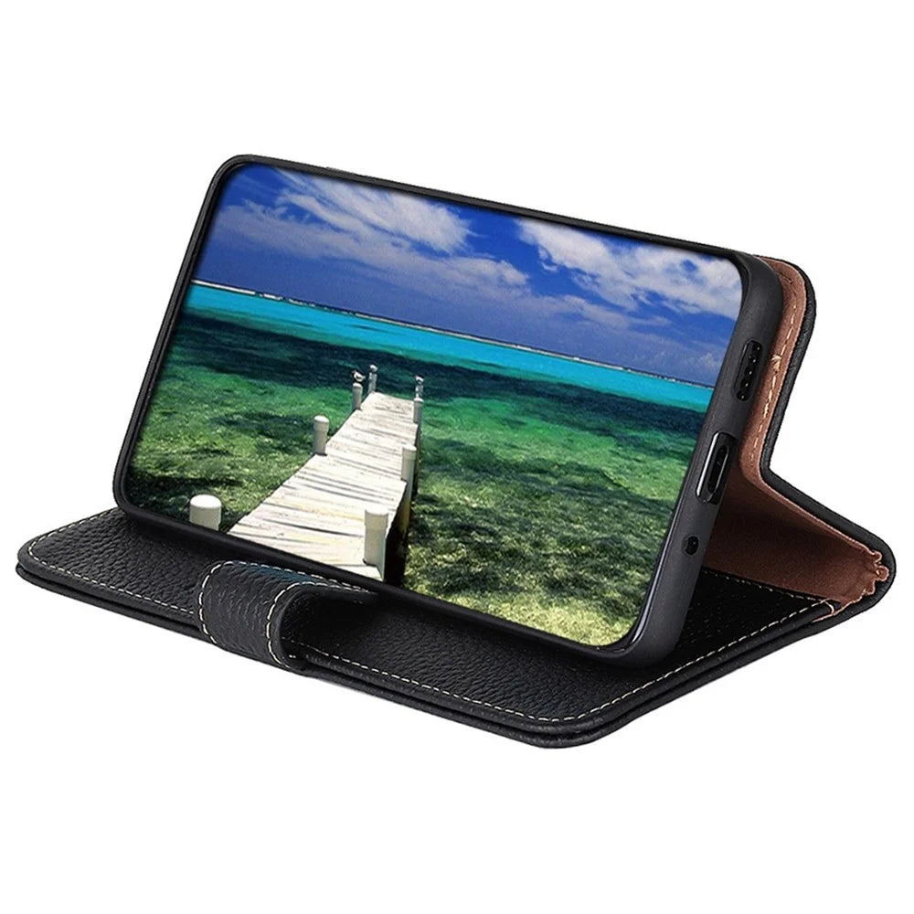 KHAZNEH For Samsung Galaxy S26 Ultra Case Genuine Cow Leather Flip Phone Cover - Black - 3