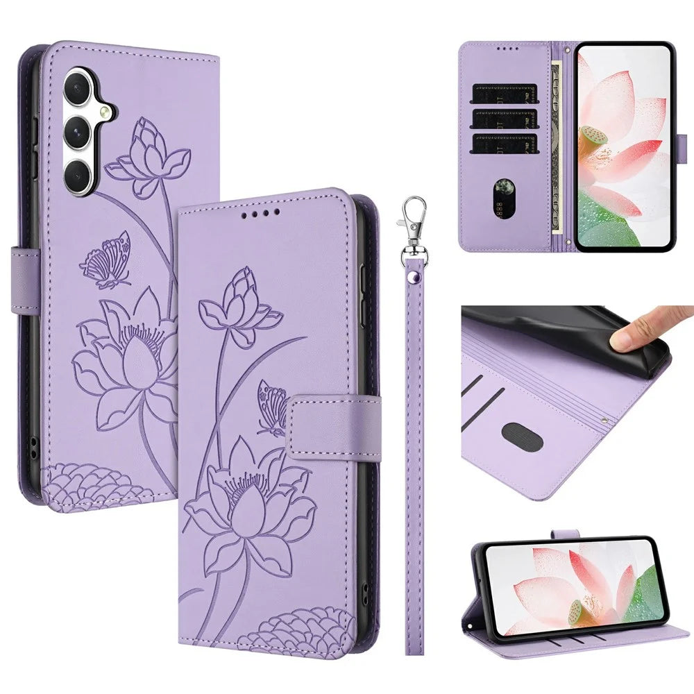 For Samsung Galaxy A56 5G  /  M56 5G Case Wallet Stand Lotus Imprint Leather Phone Cover with Wrist Strap - Purple - 1