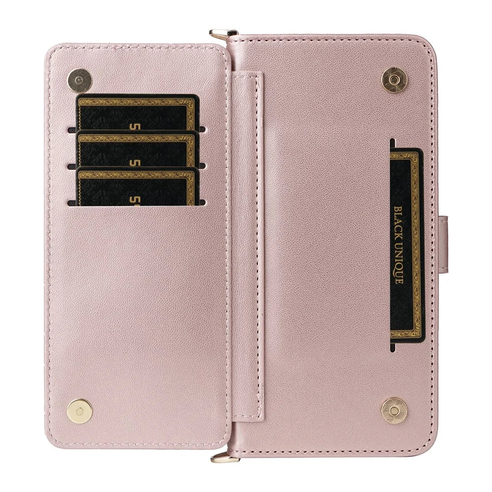 For TCL K33 5G / K32 5G Case with Shoulder / Wrist Strap Leather Phone Cover Stand Wallet - Pink - 6