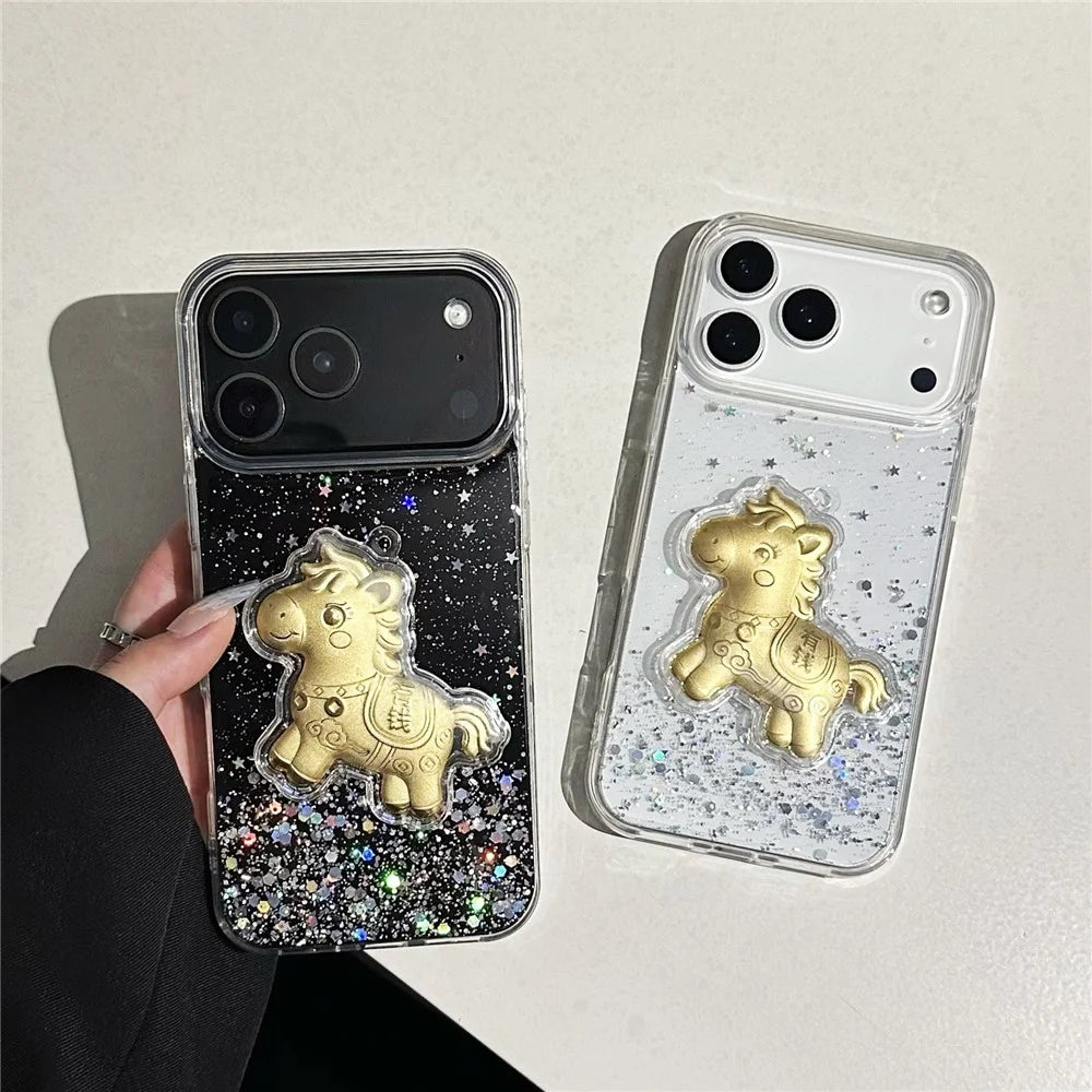 For iPhone 17 Pro Case Sparkling Glitter PC Phone Cover with Golden Horse Ornament - Purple - 3