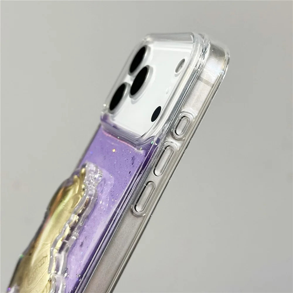 For iPhone 17 Pro Case Sparkling Glitter PC Phone Cover with Golden Horse Ornament - Purple - 5