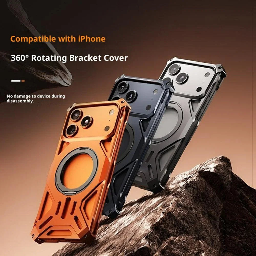 For iPhone 17 Pro Max Case Kickstand Frameless Aluminum Alloy + Silicone Phone Bumper Cover - Orange - 2